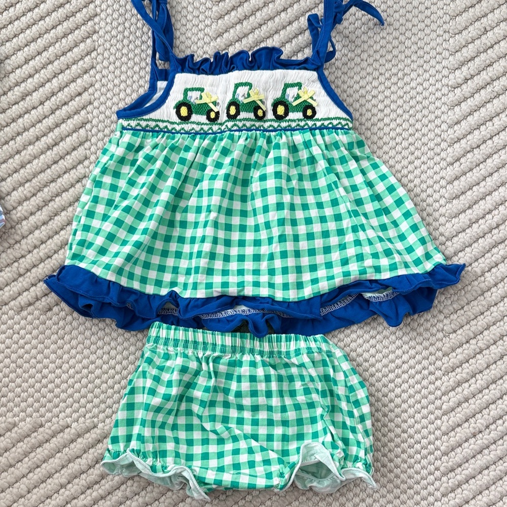 Sugar Dumplin Kids Smocked Tractor Green Gingham 2pc Outfit Ruffle Set 9 Months